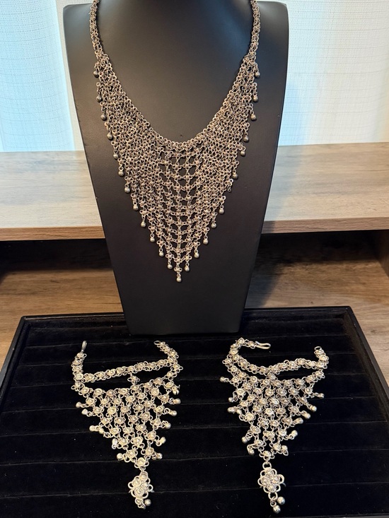 Jewelry - Tribal Festival Chainmail Bib Necklace & 2 Floral Hand Slave Bracelets Ring #K83